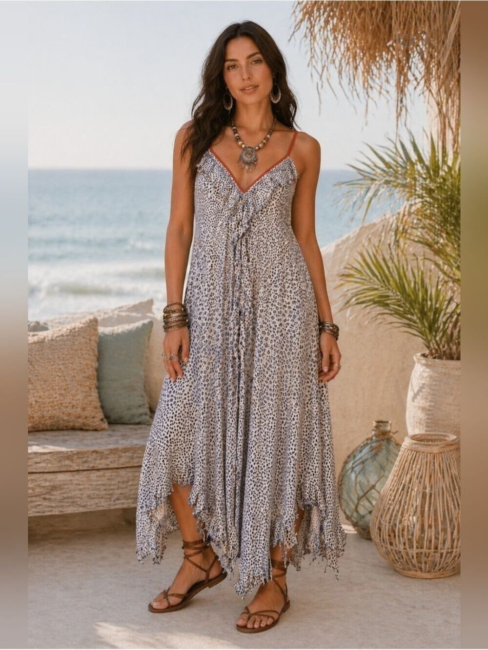 ROLLER RABBIT BOHO FRAYED RUFFLE HANDKERCHIEF HEMLINE MAXI DRESS RESORT ONE SIZE